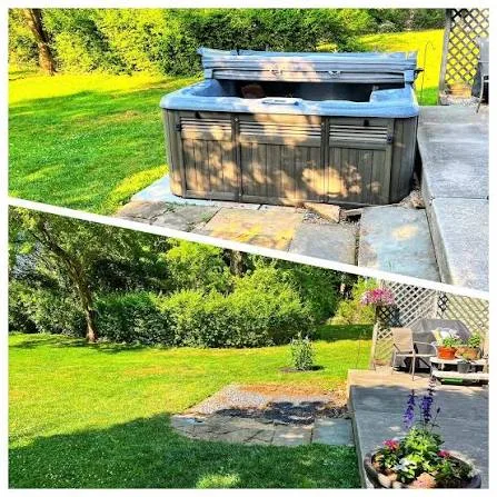 Hot tub removal in Bentonville, AR — before and after: an old hot tub on a backyard patio, then the cleared, landscaped patio after Junk NWA hauled it away